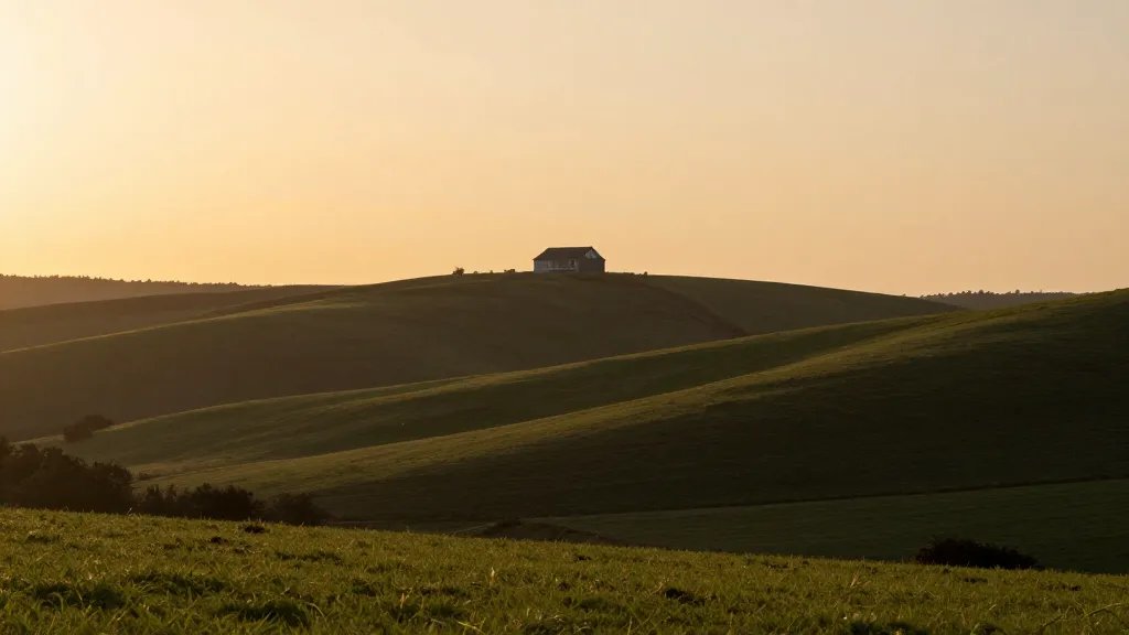 Distant view of a lone rental property on rolling countryside hills at sunset
