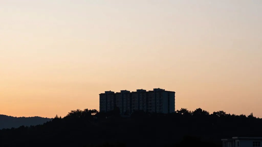 Isolated cityscape silhouette of a rental block atop a distant ridge at dawn