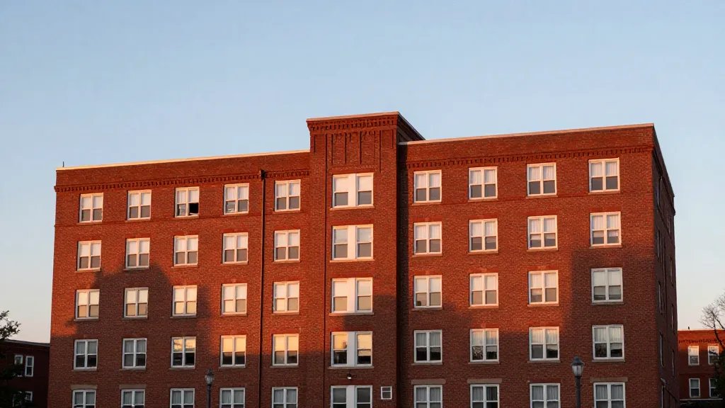 Distant view of a single iconic red-brick HMO facade at dusk