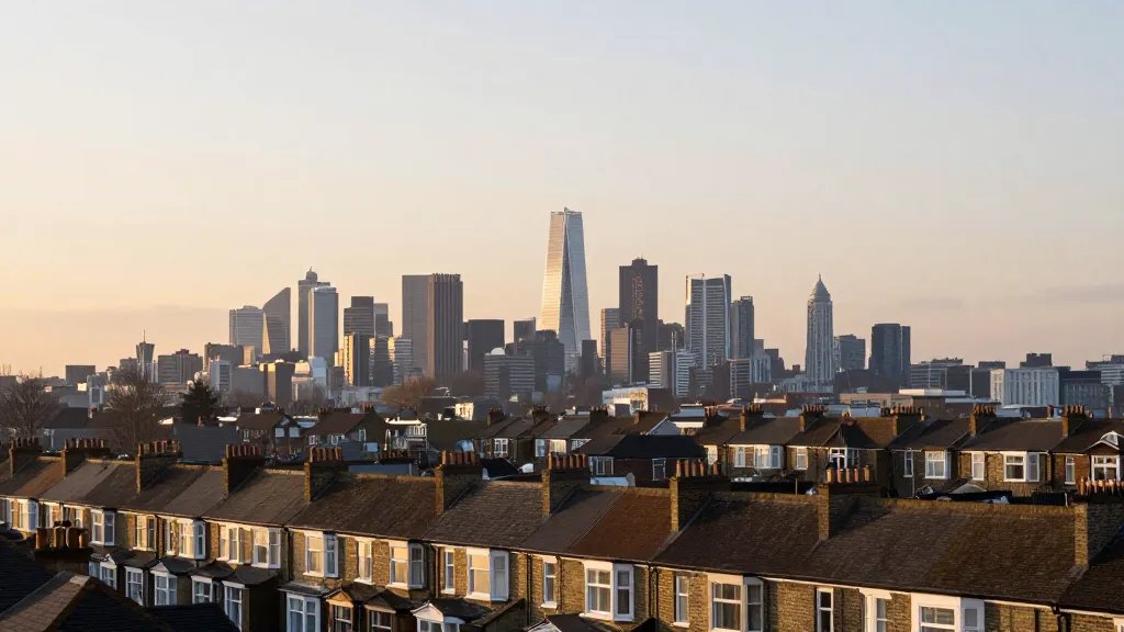 Vast skyline over a single row of terraced HMO houses at sunrise