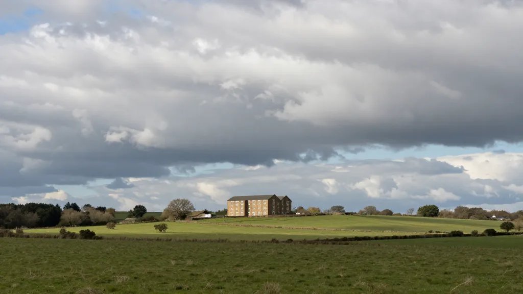 Expansive countryside with one prominent HMO building under dramatic clouds