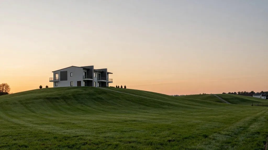 Distant view of a single modern rental property's hillside lawn at sunset
