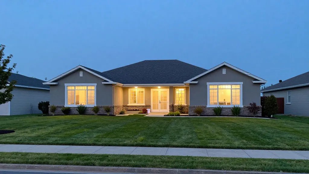 Wide-angle shot of a lone suburban rental home with manicured yard under blue hour