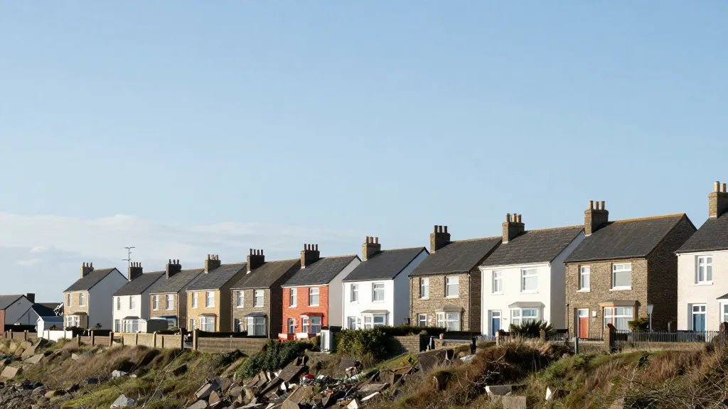 Wide-angle shot of a coastal town row of houses, focal point on one rental home far away
