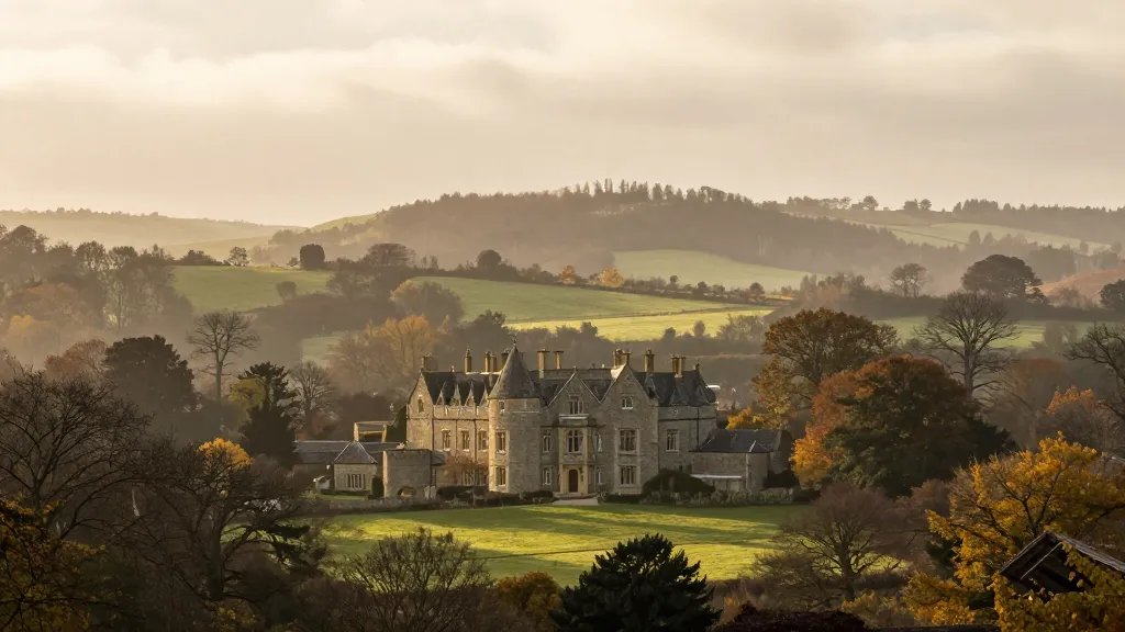 Distant view of a UK rural manor in autumn light, solitary, misty hills in background