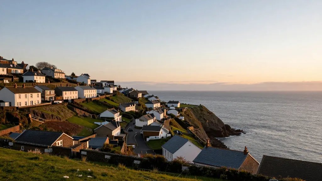 Scenic overlook of a coastal town with terraced houses, distant sea horizon at sunset