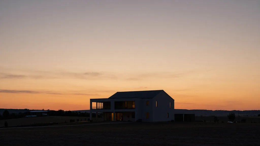 Distant landscape of a modern house with a planned extension silhouetted against sunset sky