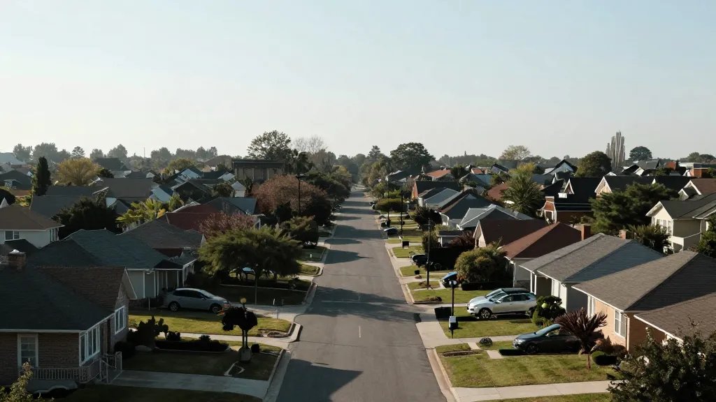 Distant landscape featuring a quiet suburban street scene from above, no people or cars
