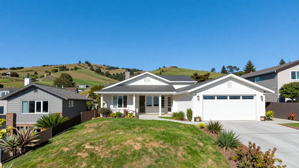 Expansive hillside neighborhood landscape with a house featuring a bright, airy garage-conversion extension under clear blue sky