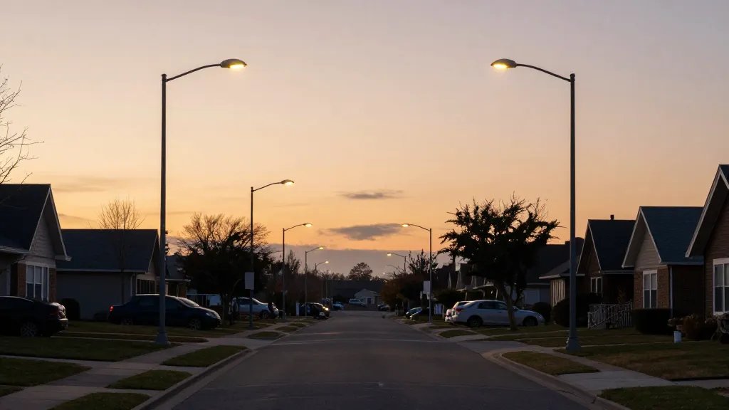 Distant sunrise scene over a quiet suburban street with smart streetlights glowing softly