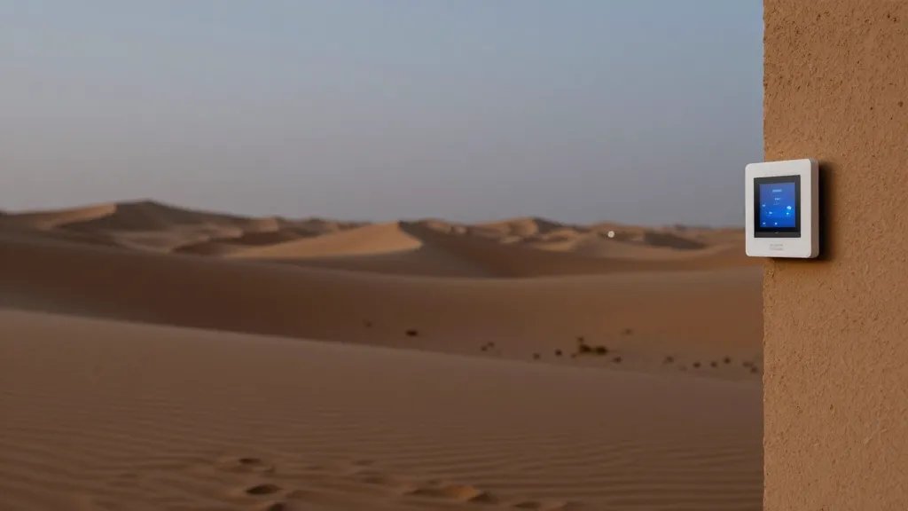 Expansive desert landscape at dusk with a single smart thermostat mounted on a distant building