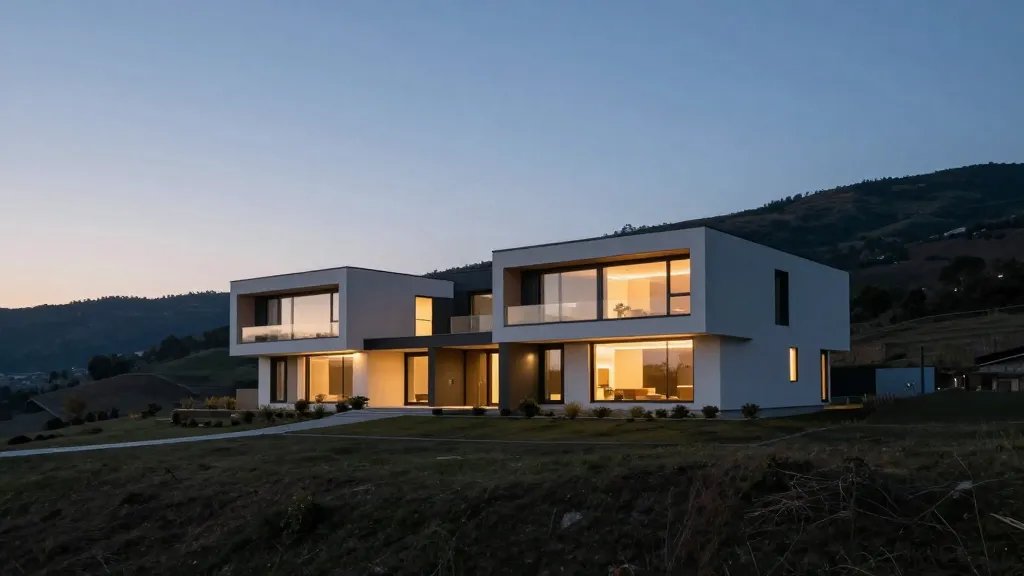 Wide hillside view of a modern house at dawn, subtle glow of smart lighting illuminating windows