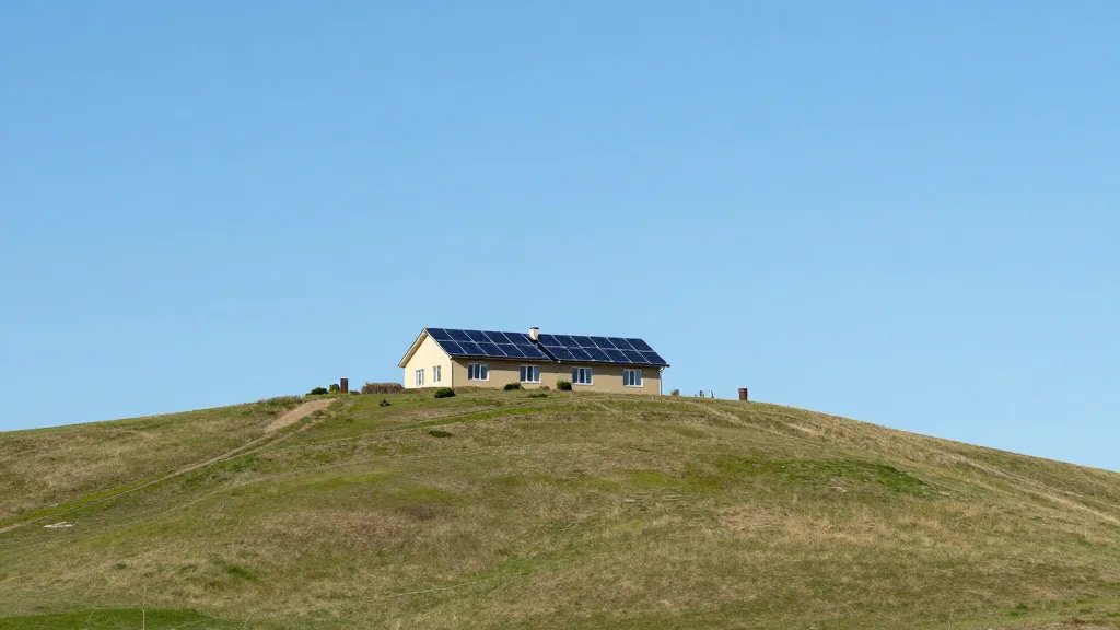 Distant hillside home with solar panels under clear blue sky