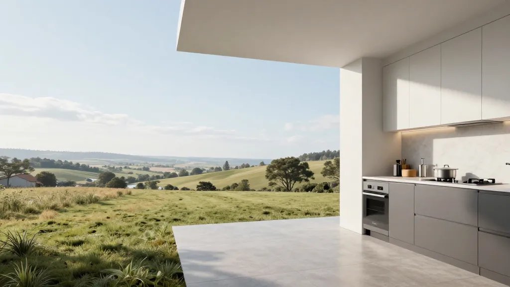 distant landscape of a spacious kitchen integrated with living area