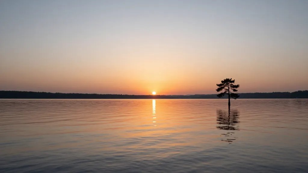 Wide view of calm lake_reflecting sunset, lone pine silhouette