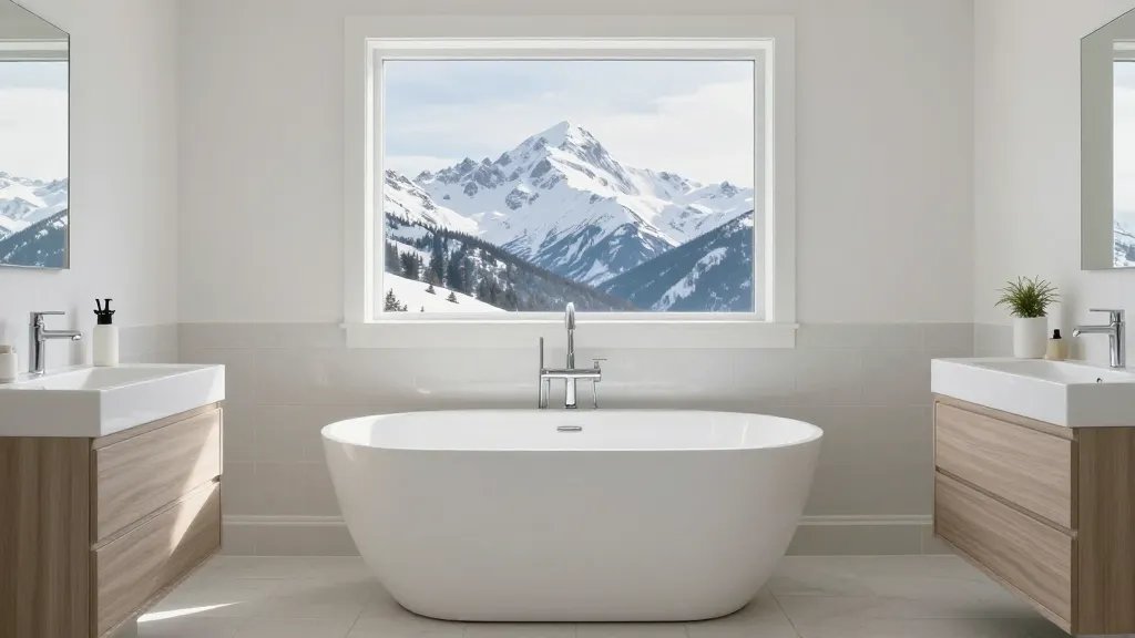 Distant view of a pristine bathroom remodel with a freestanding tub, snow-capped mountains in the background