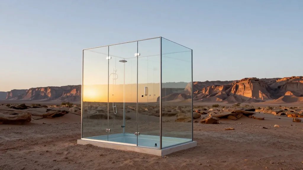 Wide, distant shot of a glass shower enclosure reflecting sunset over desert cliffs