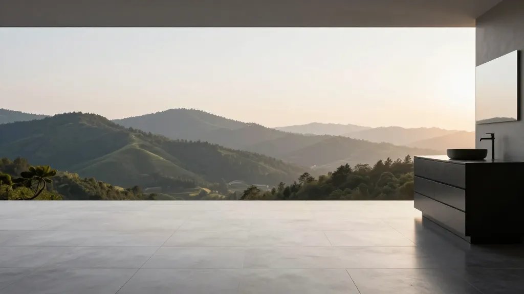 Expansive hillside landscape with a sleek vanity silhouette and soft morning light on polished tiles