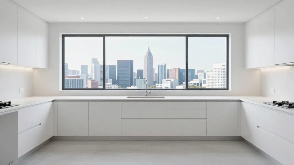 Distant view of a pristine white kitchen renovation showing expansive skyline beyond