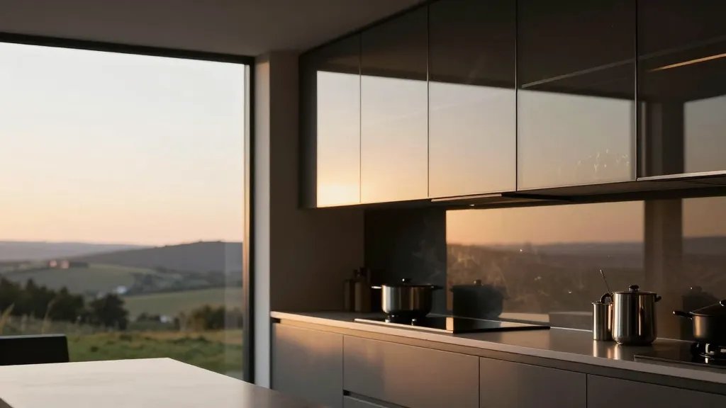 Distant landscape of a modern kitchen with glass cabinets reflecting sunset light