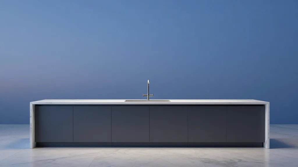 Distant panorama of a sleek kitchen island and marble countertops under blue hour sky