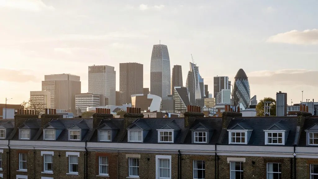 Distant view of a UK city skyline with a modern loft dormer silhouette on a row of terraced houses