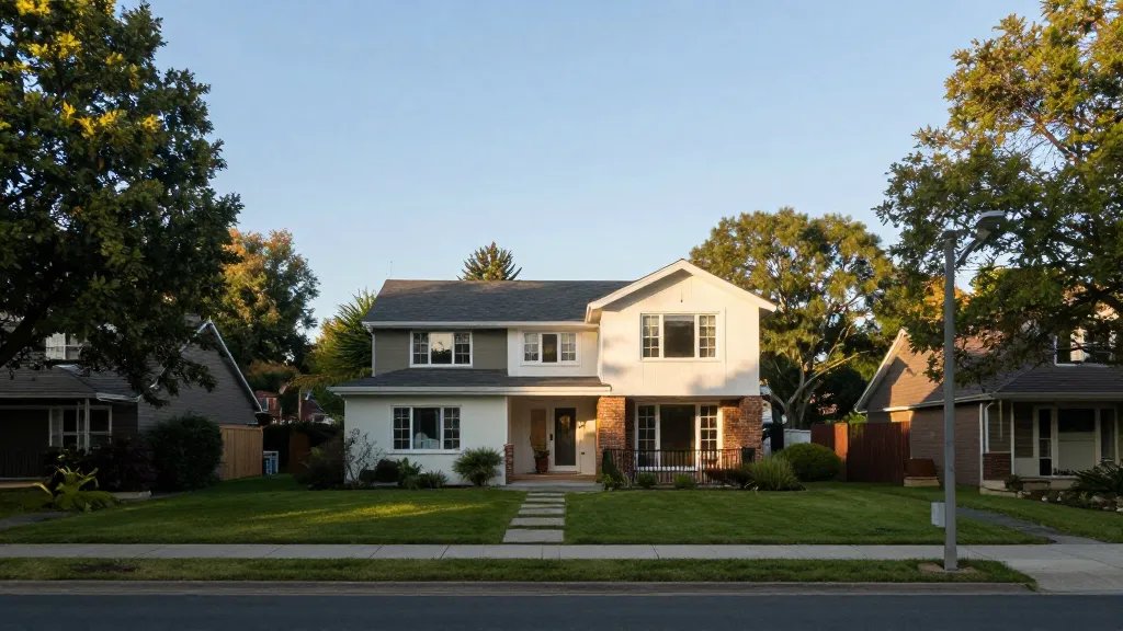 Distant view of a sunlit house extension blending with trees in a calm suburb