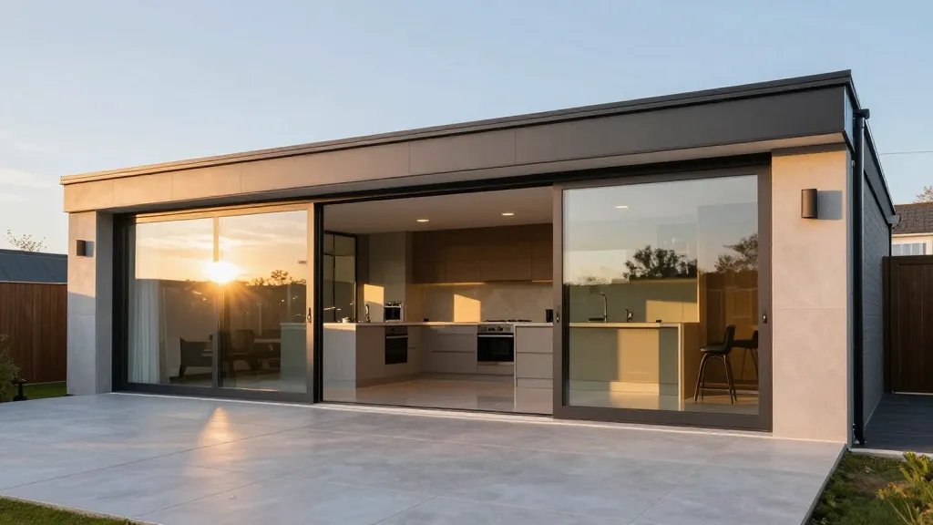 Wide-angle distant shot of a new kitchen extension with sunset glow on glass doors