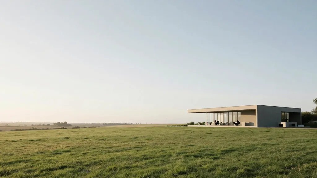 Expansive distant landscape featuring a modern home office extension with wide lawn horizon