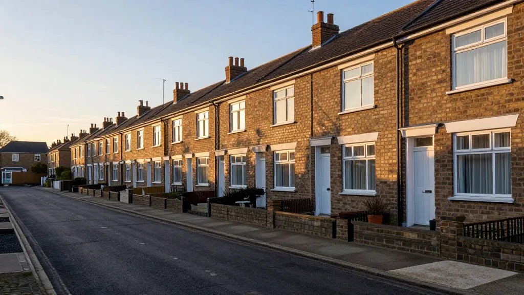 Distant view of an empty UK terrace housing row under sunset light