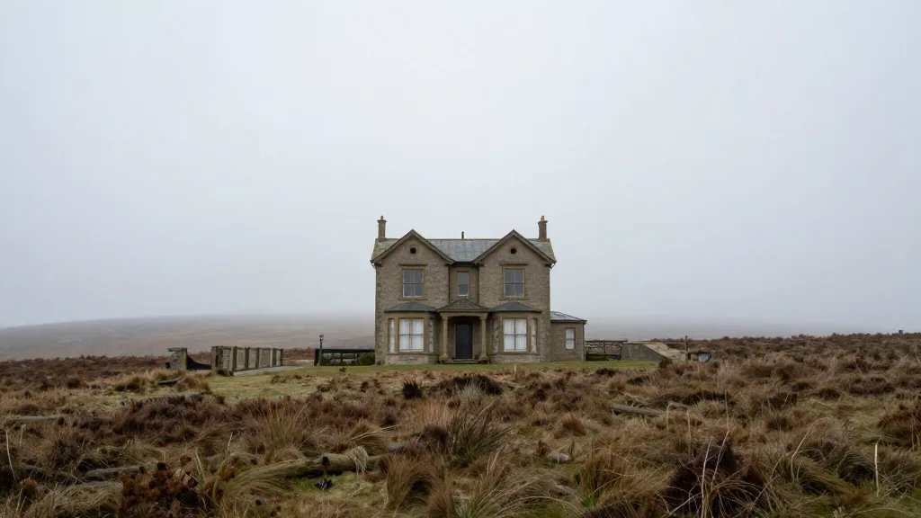 Wide shot of a solitary empty Victorian house along misty moorland