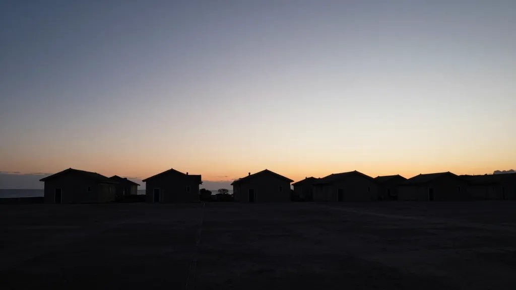 Expansive coastal town silhouette with vacant façades at twilight