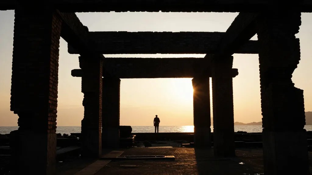 Distant harbor ruin silhouette at golden hour, dramatic brick beams