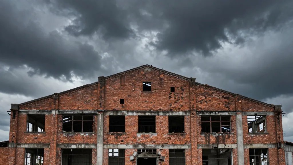 Abandoned warehouse façade under stormy sky, brick skeleton standing tall