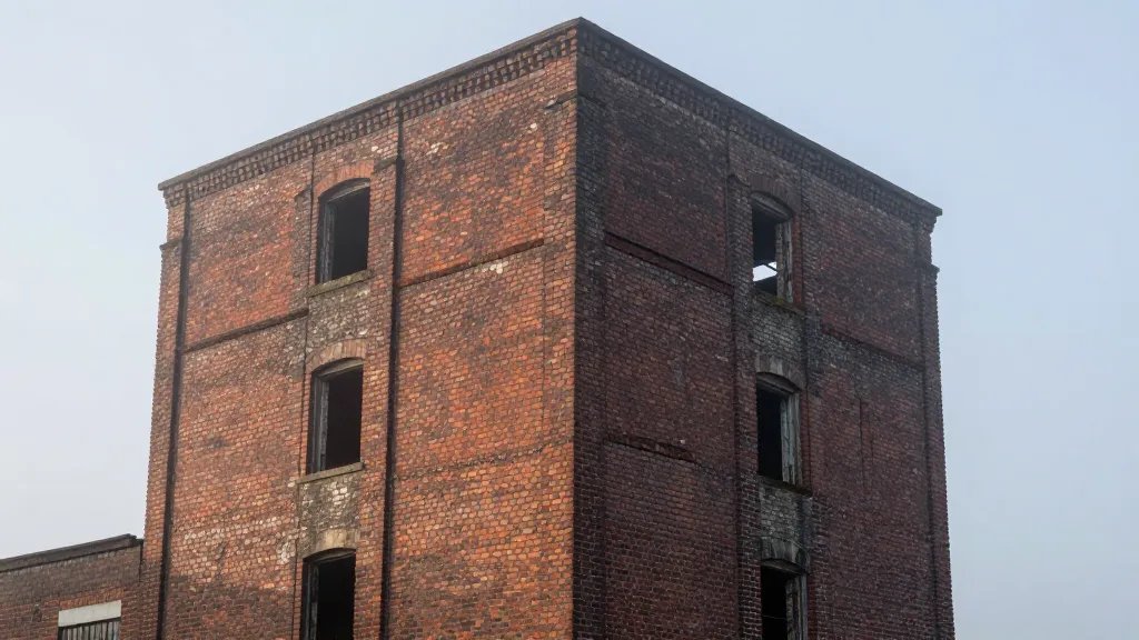 Quiet street-front derelict mill tower, misty morning light over brickwork