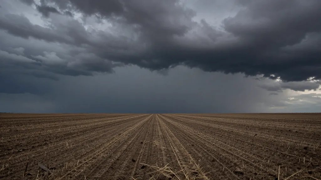 Distant landscape of abandoned farmland under stormy sky