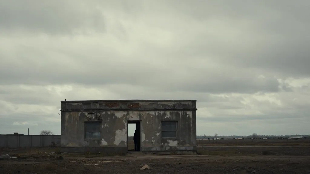 Distant landscape of a weathered urban house under a cloudy sky, with a lone silhouette near the doorway, open and exposed to view