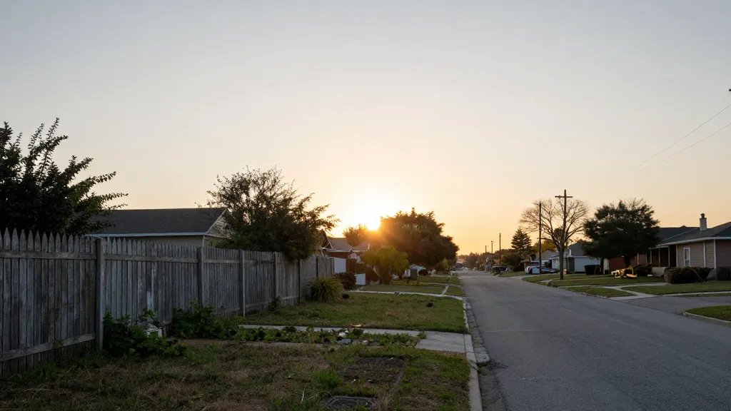 Distant landscape of a quiet suburban street with an aged fence and overgrown yard, sun low on the horizon