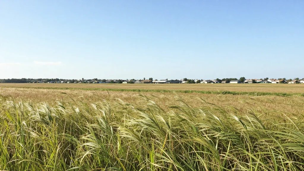 Distant landscape of a vacant, sunlit property line and distant neighborhood, long grass swaying in the wind