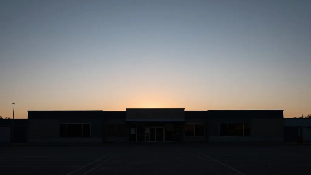 Distant landscape of empty storefront silhouette at dusk