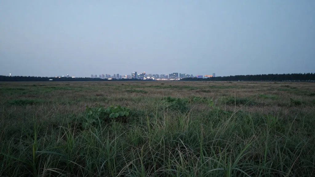 Distant landscape of vacant lot with overgrown grass and distant city lights
