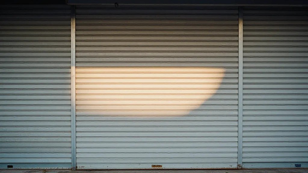 Distant landscape of shuttered shop facade with sunlit glow on horizon