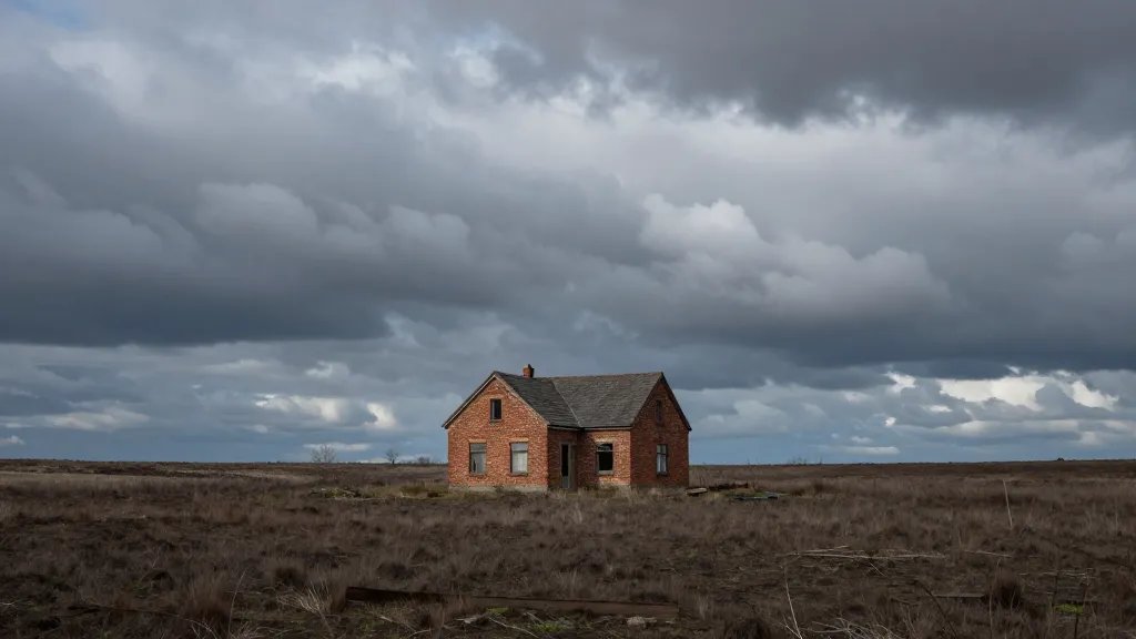 Distant landscape of a neglected brick house under dramatic clouds