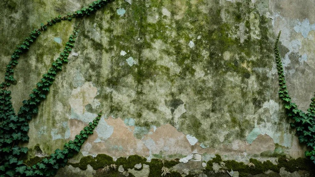 Distant landscape of moss-covered facade with peeling plaster and ivy