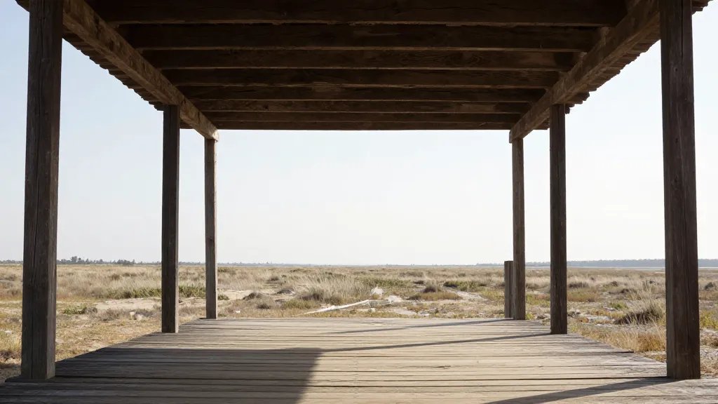 Distant landscape of a sunlit aged wooden porch with weathered beams