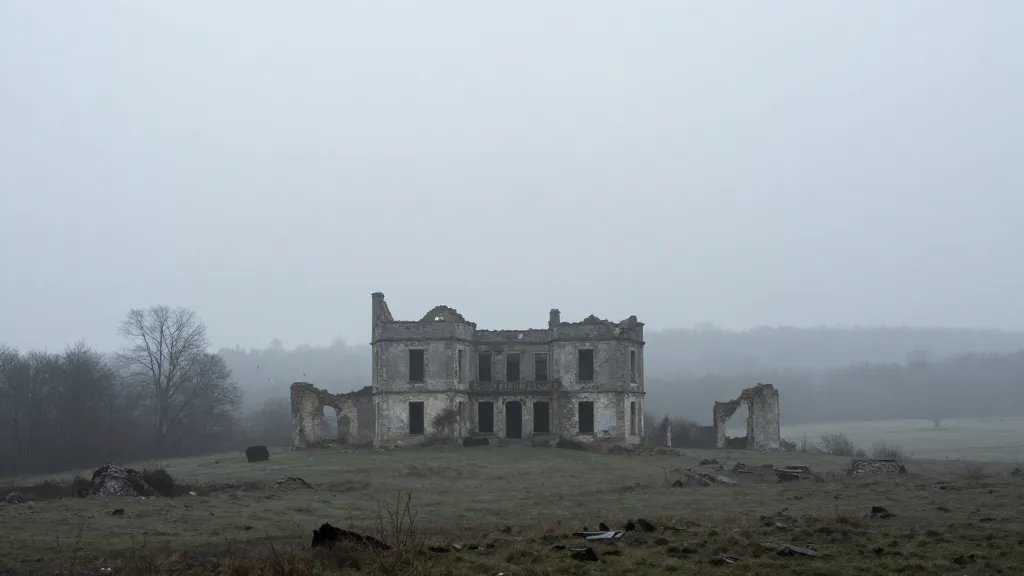 Distant view of a derelict mansion ruins amid foggy valley