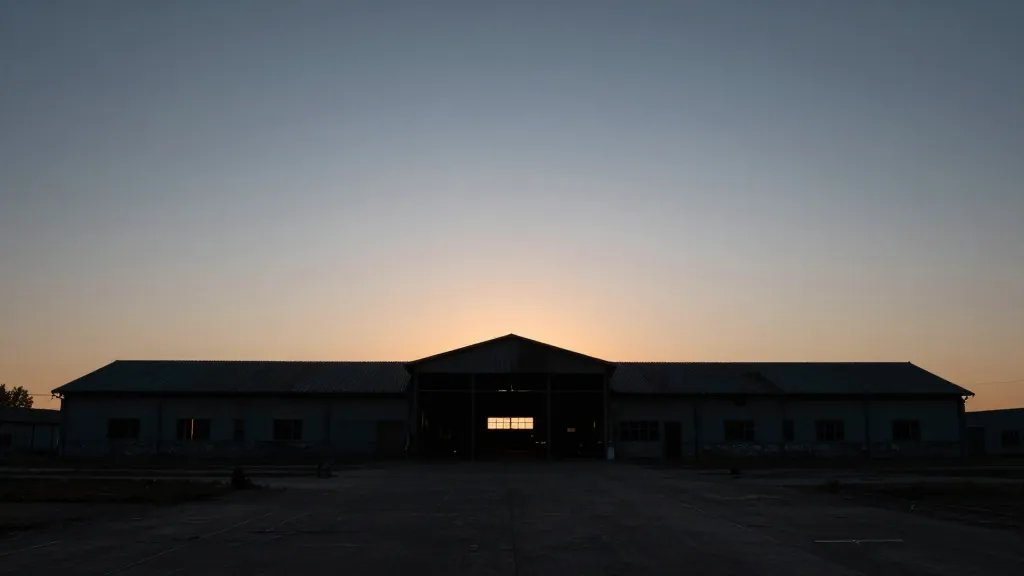 Expansive horizon framing a neglected warehouse silhouette at dusk