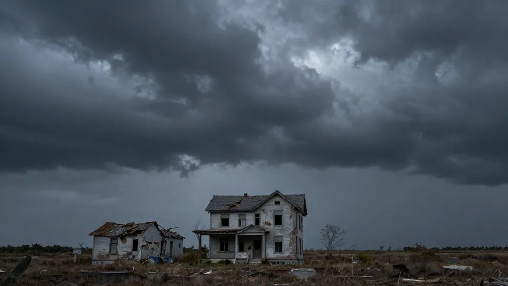 Wide-angle shot of a crumbling old house skyline against a stormy sky