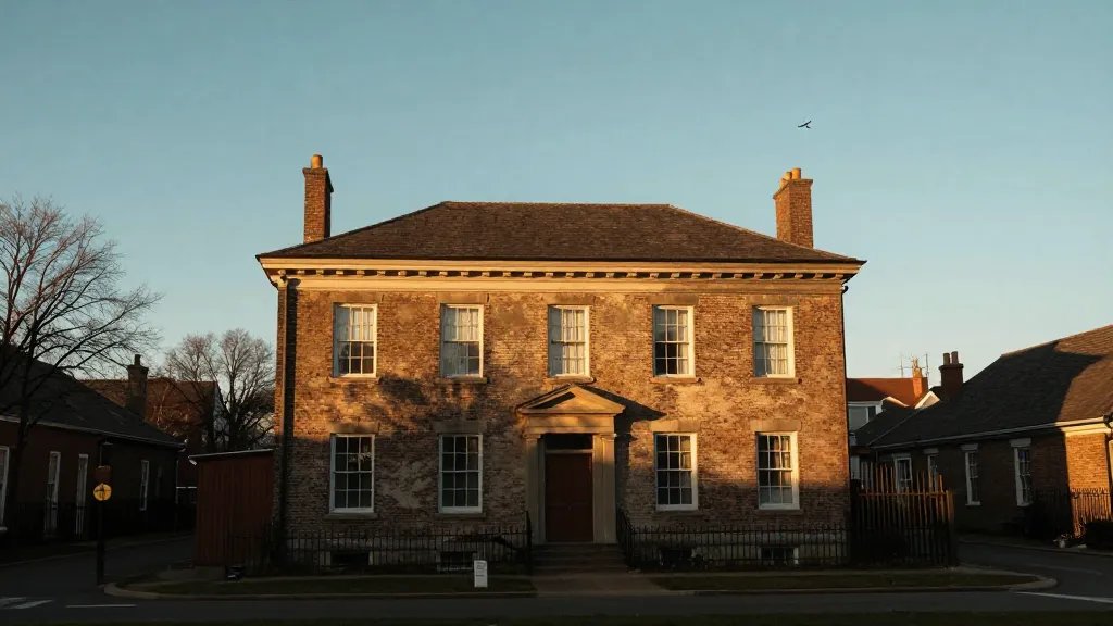 Distant view of a lone restored council-occupied townhouse bathed in golden hour light