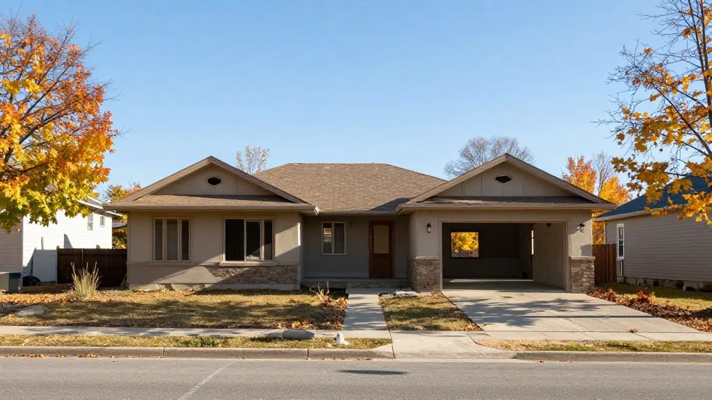 Wide-angle shot of a quiet street with a gleaming empty-shell home under clear autumn sky